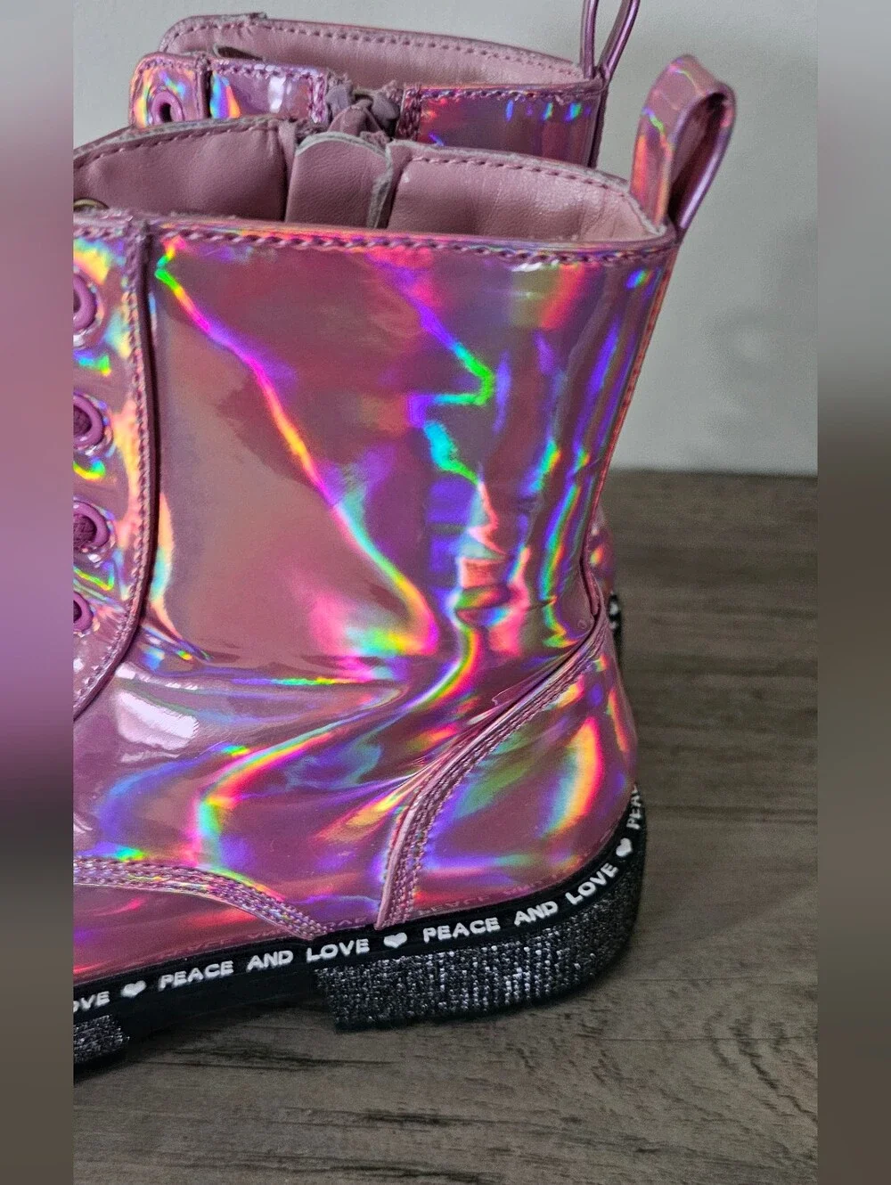 Steve Madden Pink Metallic Iridescent Lace-Up Combat Boots Girl 2